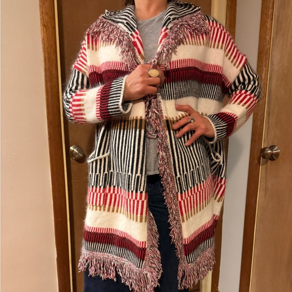 Maje Sweaters - Maje Striped Cardigan with Fringe